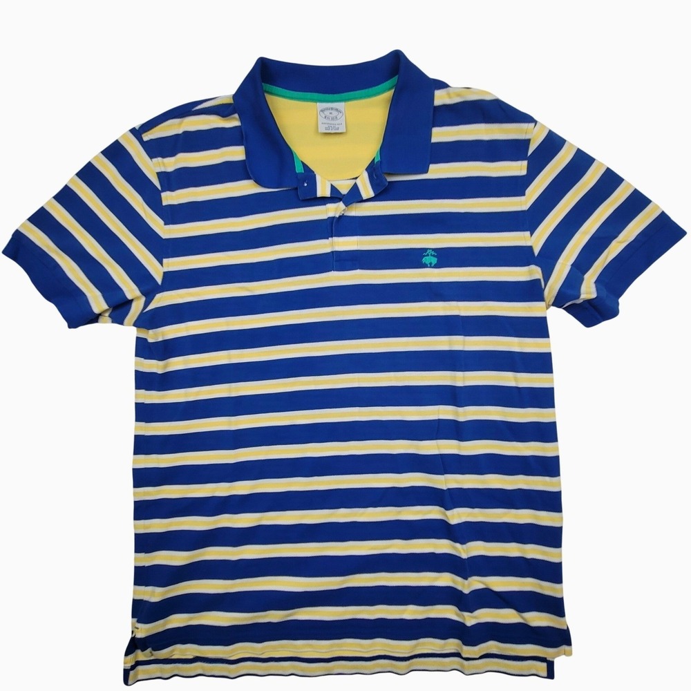 Brooks Brothers Men's Polo Shirt Blue Yellow Striped Slim Fit Cotton Size XL